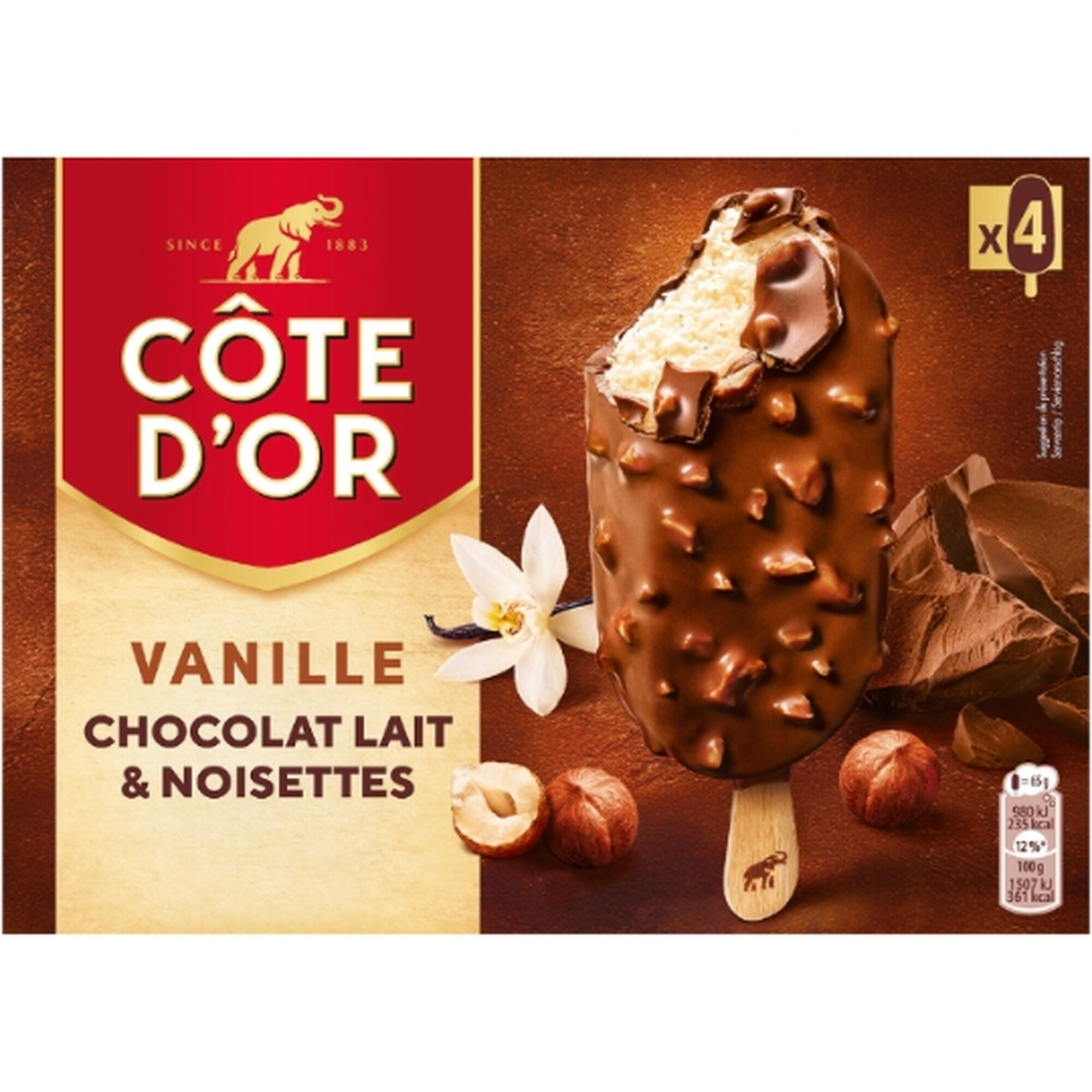Côte D'or Ice Cream Sticks Vanilla Chocolate Milk Hazelnut 4 bars 260g